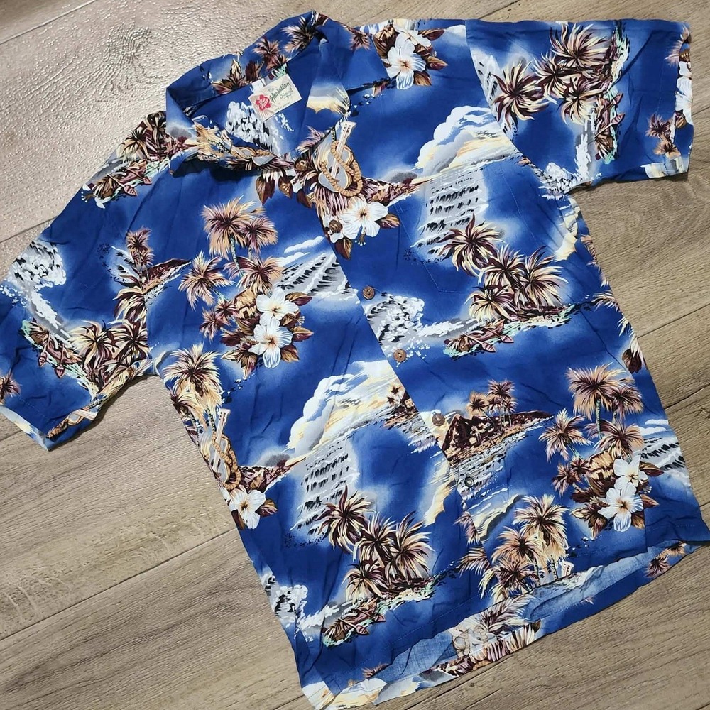 Hilo Hattie The Hawaiian Original Mens Blue Tropical Island Print Shirt Small
